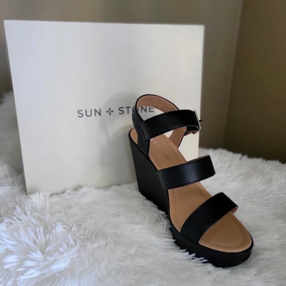Sun + Stone Black Wedge Siennaa Sandals With Adjustable Straps- 8M - Picture 4 of 7